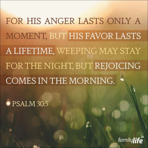 Wednesday, November 20, 2024
Psalm 30:5
For His anger lasts only a moment, but His favor lasts a lifetime, weeping may stay for the night, but rejoicing comes in the morning.The thing you always find in the midst of the Psalms is brutal honesty. Especially when it’s a Psalm of David. He always gave people the dual understanding that not only is life difficult, but also that God is good. Even though he had moments of weeping, he also knew that God would make it good, and He would graciously bring a reason to rejoice very, very soon.